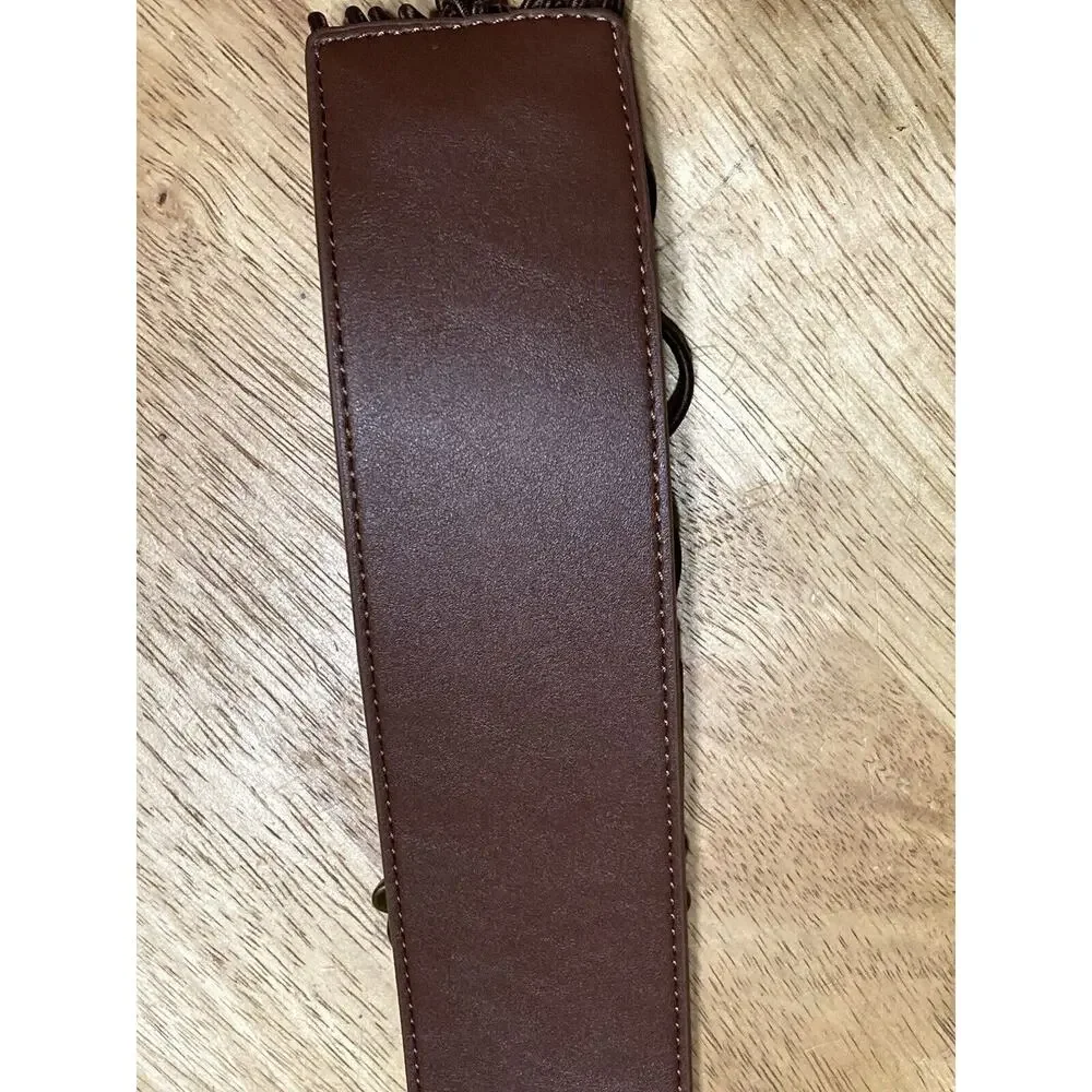 Brown Bonded Leather Belt Braided Woven Brass‎ Buckle Sz L